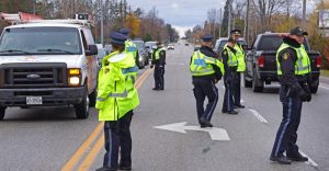 Police officers stop vehicles on the road during a recent festive RIDE stop.